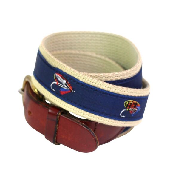 Leather Man BROWN REAL LEATHER BLUE CANVAS 1 1/4"Wd GOLF DRESS MEN BELT 34 (53M - Picture 3 of 12